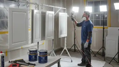 Painter applying smooth cabinet finish with spray technique in Detroit, MI kitchen renovation