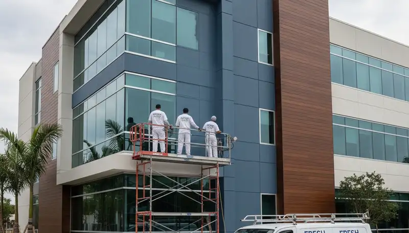 Professional commercial painters working on an office building exterior in Detroit, MI