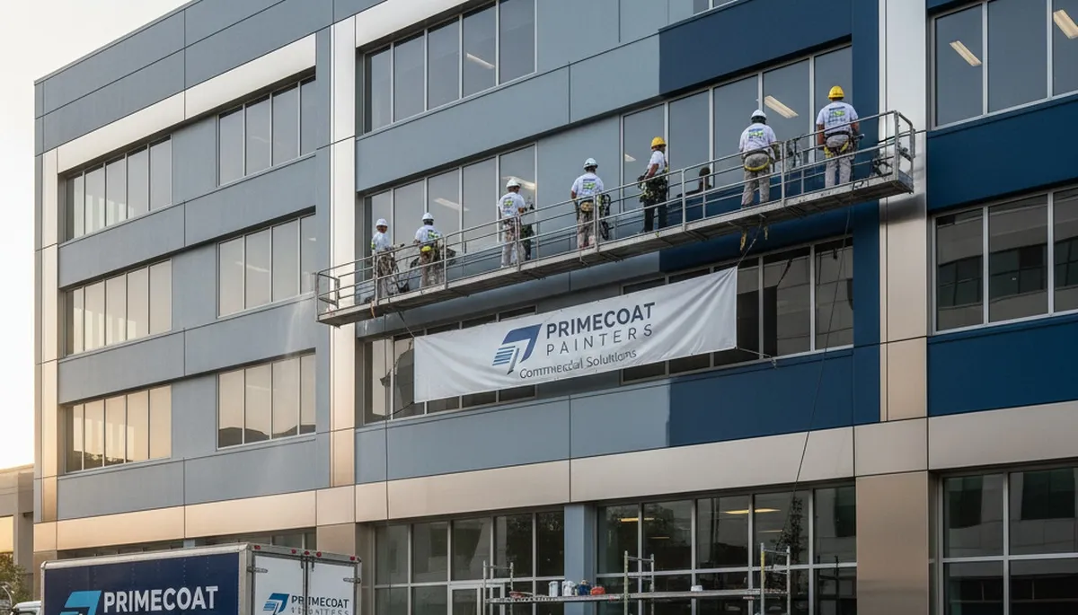 Professional commercial painters coating Detroit MI office exterior with durable industrial paint finish