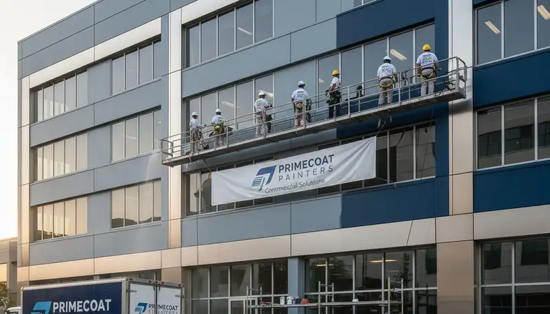 Professional commercial painters coating Detroit MI office exterior with durable industrial paint finish