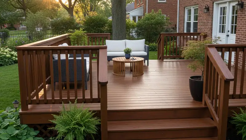 Finished deck staining in Detroit, MI showing rich wood tone and weather-protective finish by local painters