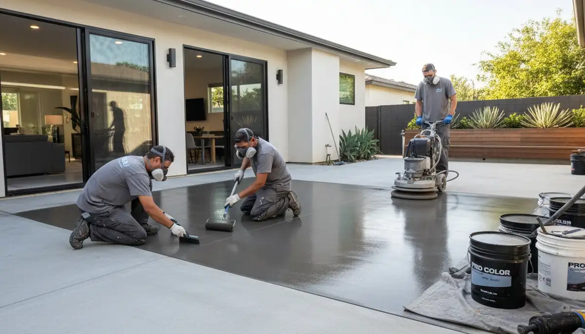 Contractor applying concrete stain to Detroit MI garage floor for durable, protective finish