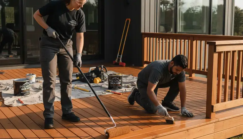 Professional deck staining on a Detroit MI home showcasing expert wood restoration and weather protection