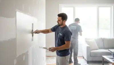 Painter repairing drywall cracks in Detroit MI home wall restoration by paintersdetroitmi.com