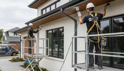 Professional gutter painting on a Detroit MI home exterior for durable, rust-resistant curb appeal
