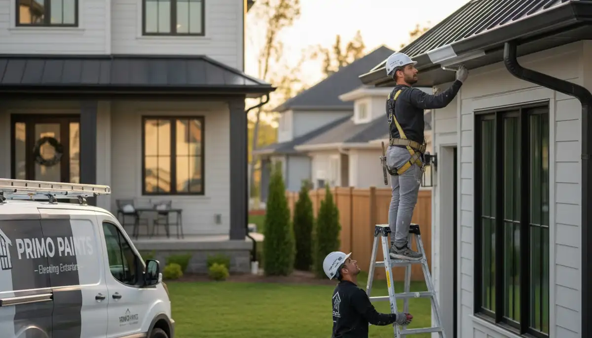 Professional gutter painting on Detroit, MI home exterior by local house-painting experts