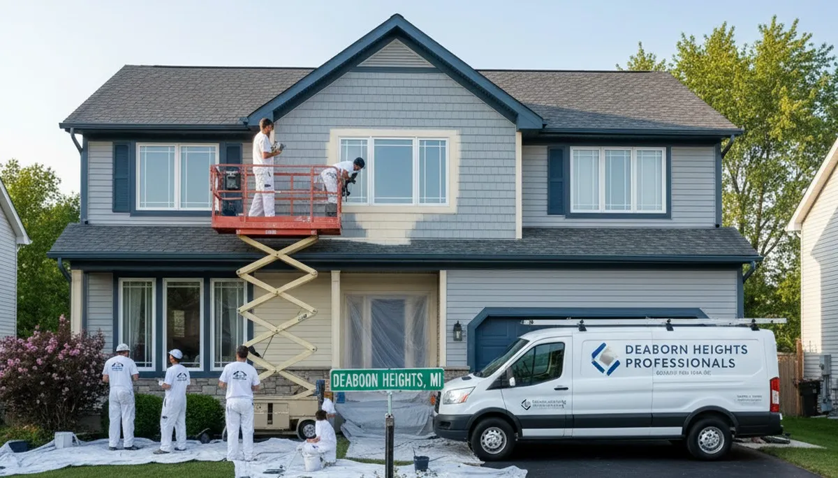 Professional house painters working on residential exterior in Detroit, MI