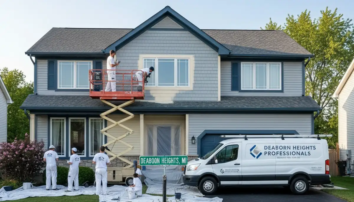 Professional house painters working on residential exterior in Detroit, MI