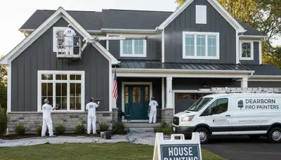 Professional house painters working on residential exterior in Detroit, MI