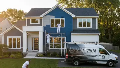 Professional house painters working on exterior home in Detroit MI