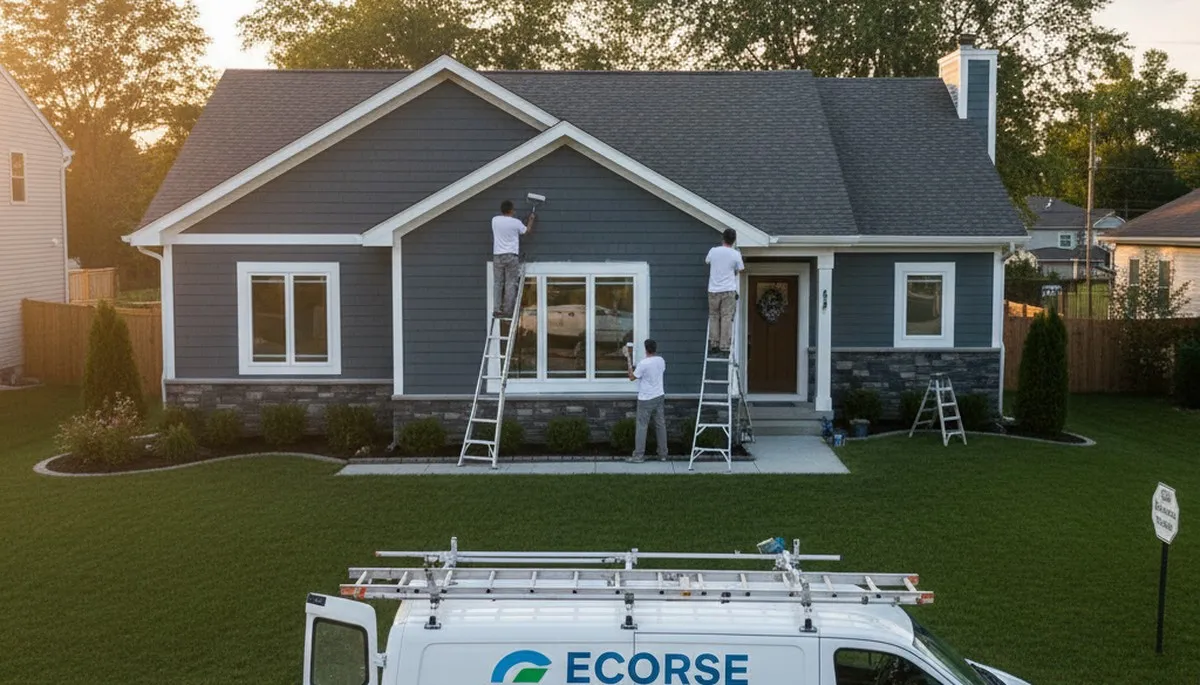 Professional house painters working on residential exterior in Detroit MI