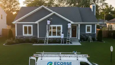 Professional house painters working on residential exterior in Detroit MI