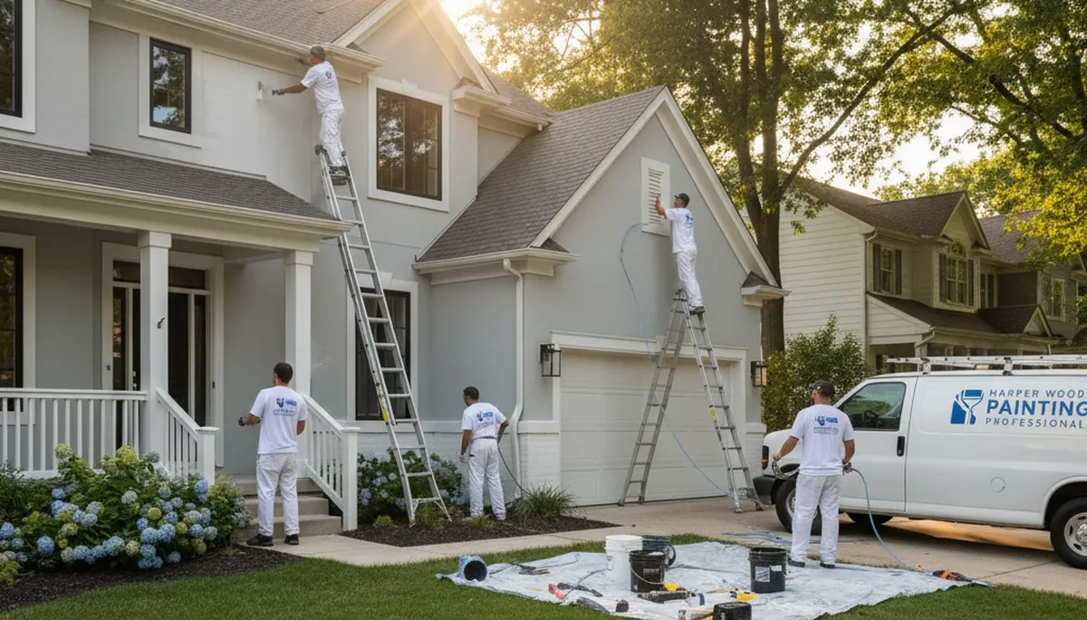 Professional house painters working on exterior home in Detroit MI