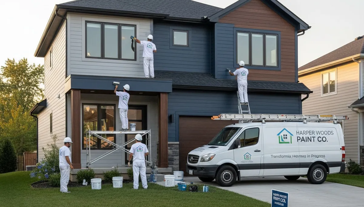 Professional house painters working on residential exterior in Detroit MI