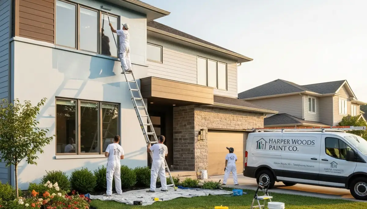 Professional house painters working on residential exterior in Detroit MI