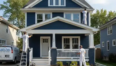 Professional house painters working on residential exterior in Detroit, MI