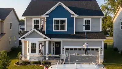 Professional house painters working on residential exterior in Detroit, MI