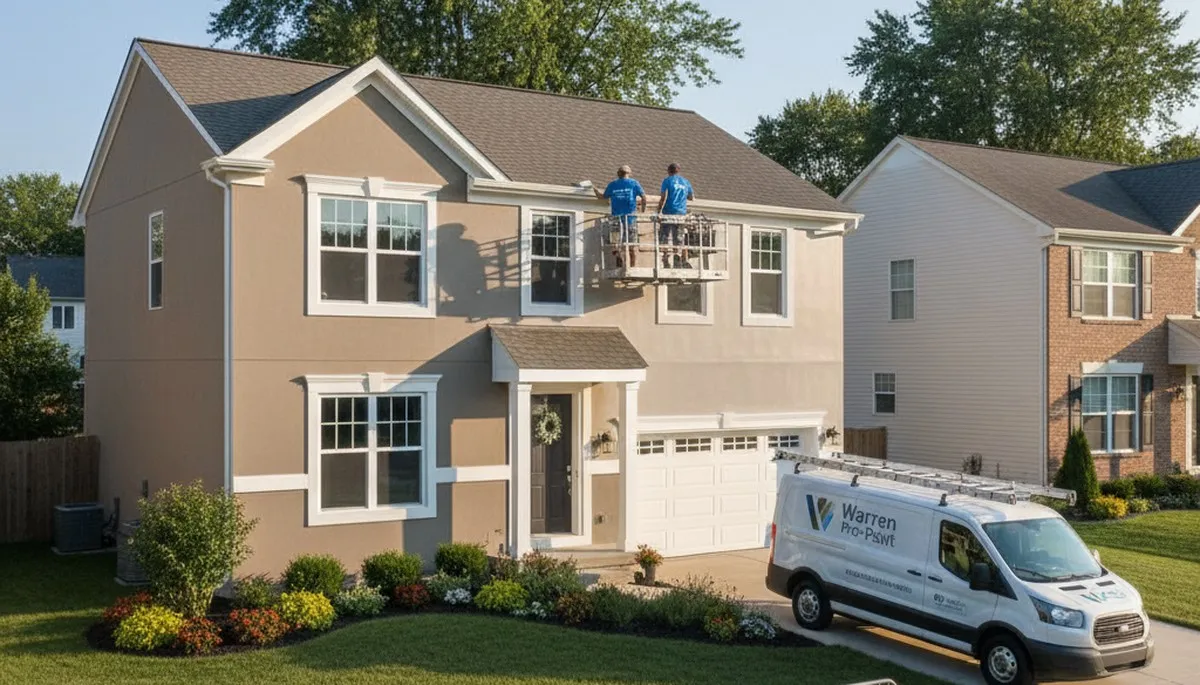 Professional house painters working on residential exterior in Detroit, MI