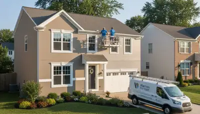 Professional house painters working on residential exterior in Detroit, MI
