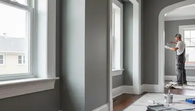 Professional interior trim painting with precise lines highlighting Detroit, MI home architecture