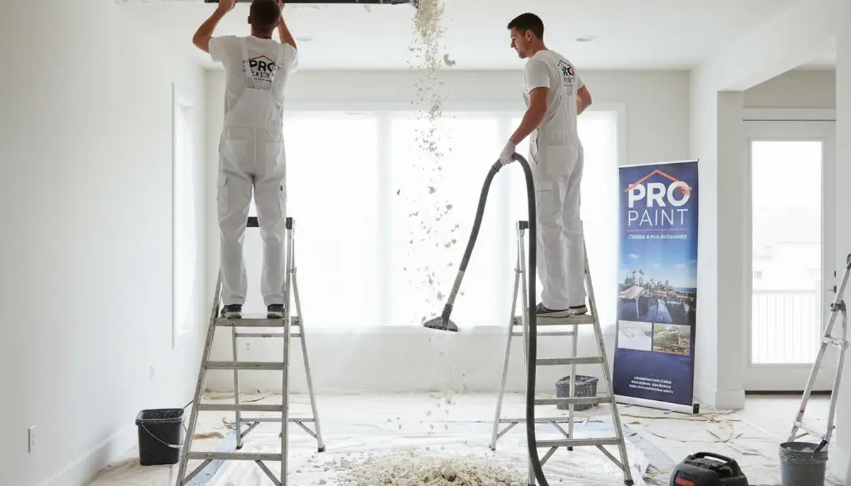 Professional popcorn ceiling removal by house painters in Detroit, MI for smooth modern ceilings