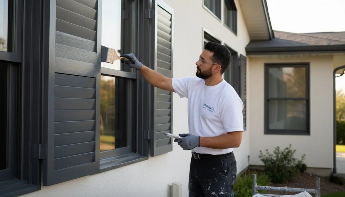 Professional painter refinishing exterior shutters on Detroit MI home with durable weather-resistant paint
