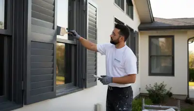 Professional painter refinishing exterior shutters on Detroit MI home with durable weather-resistant paint
