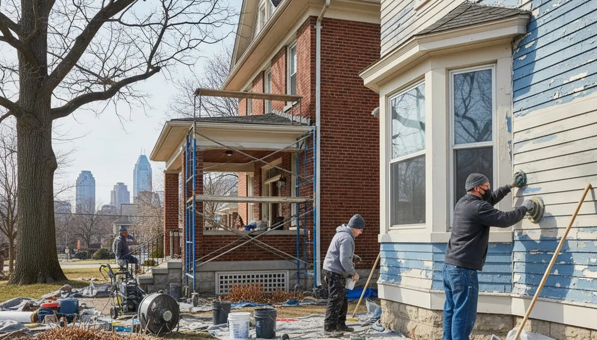 Detroit MI painters prepping exterior siding, removing old paint for durable weather-resistant finish