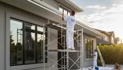 Professional trim and fascia painting on Detroit MI home exterior by expert house painters