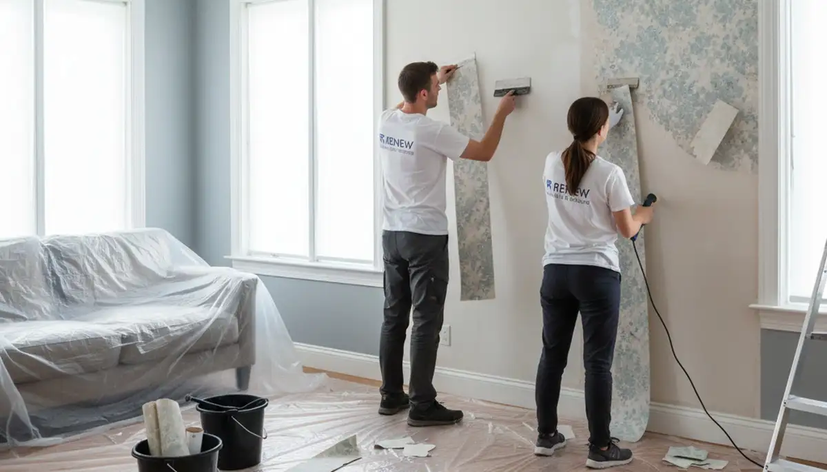 Professional wallpaper removal in Detroit, MI by expert house painters prepping walls for repainting